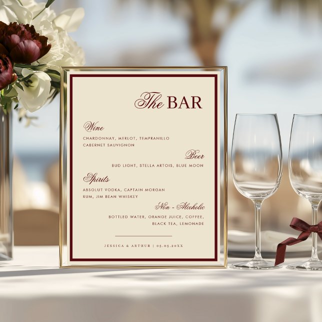Ivory & Burgundy The Wedding Bar Drink Menu Sign (Creator Uploaded)