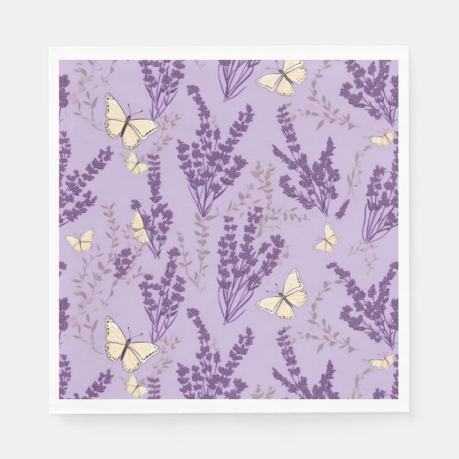 Ivory Butterflies and Lavender Flowers Napkins (Front)