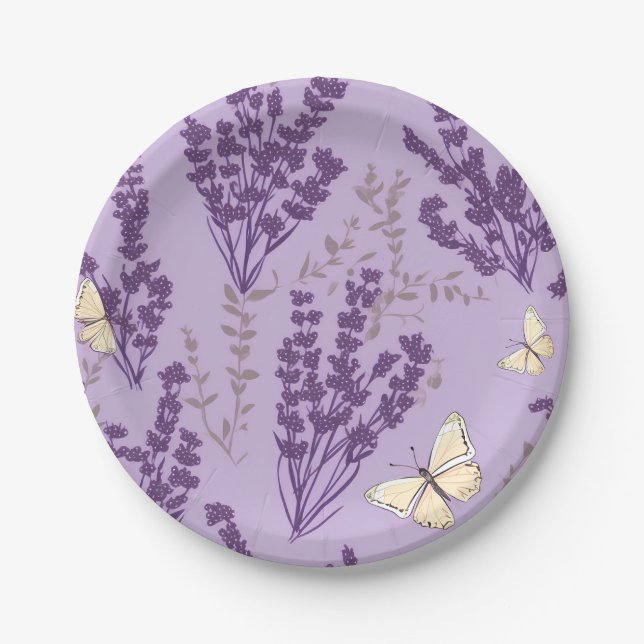 Ivory Butterflies and Lavender Flowers Paper Plates (Front)