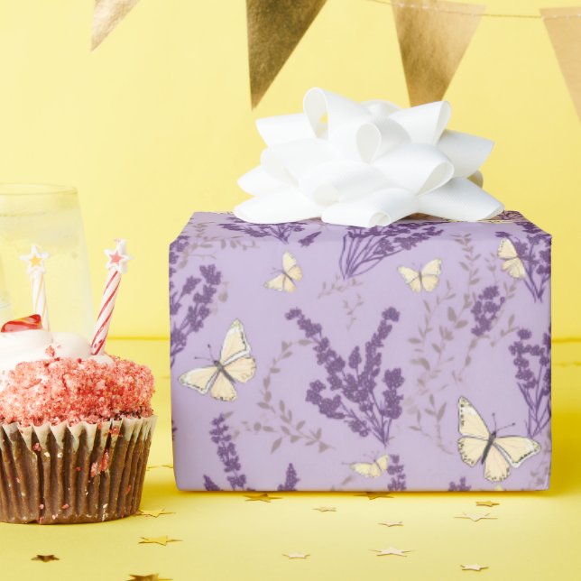 Ivory Butterflies with Lavender Flowers Wrapping Paper (Birthday Party)