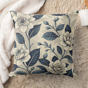 Ivory Camellia Indigo Blue Chinoiserie Botanical Throw Pillow