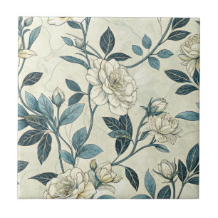 Ivory Camellia Indigo Chinoiserie Botanical Ceramic Tile