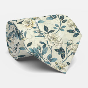 Ivory Camellia Indigo Chinoiserie Botanical Neck Tie