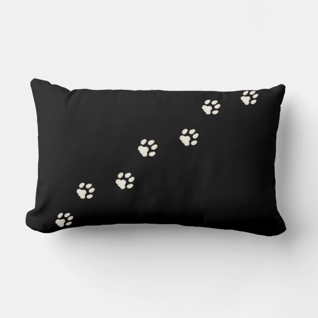 Ivory Cat Paw Prints Feline Tracks Black Lumbar Pillow (Front)