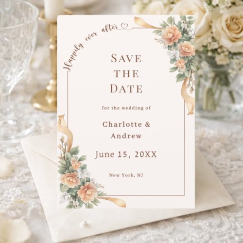 Ivory champagne florals ribbon elegant wedding save the date