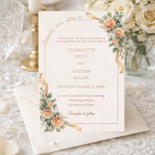 Ivory champagne florals ribbon rose gold wedding foil invitation