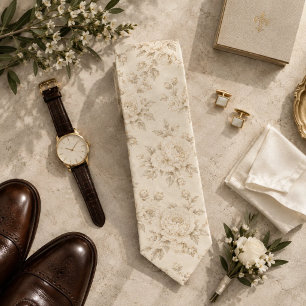 Ivory Champagne Peony Heritage Floral Neck Tie