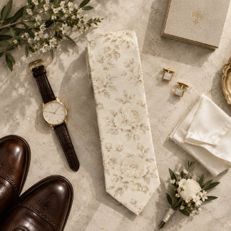 Ivory Champagne Peony Heritage Floral Neck Tie