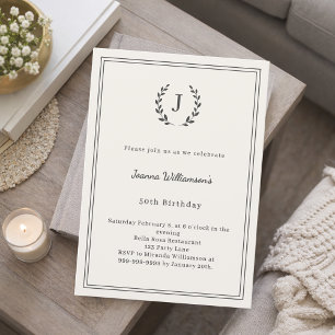 Ivory charcoal monogrammed wreath luxury invitation