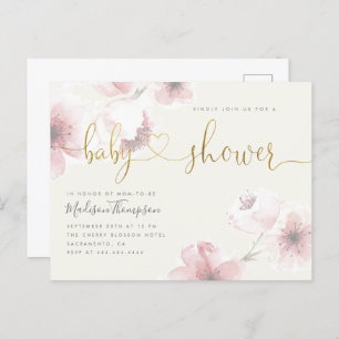 Ivory Cherry Blossom Gold Floral Baby Shower Invitation Postcard