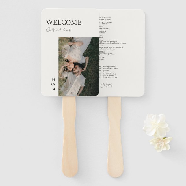 Ivory | Chic Modern Photo Wedding Program Hand Fan (Front and Back)