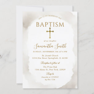 Ivory Christening Gold Cross Minimalist Baptism Invitation