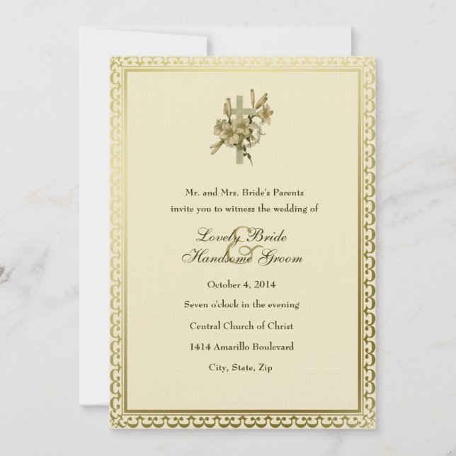 Ivory Christian Cross Lilies Wedding Invitation (Front)
