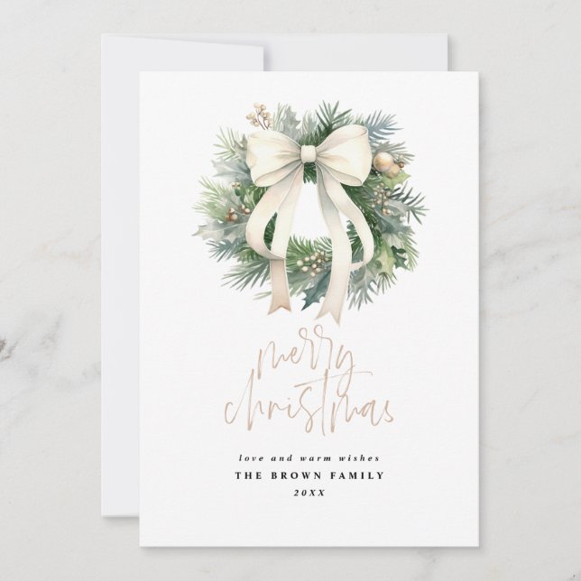 Ivory Christmas Wreath Christmas Watercolor  Holiday Card (Front)