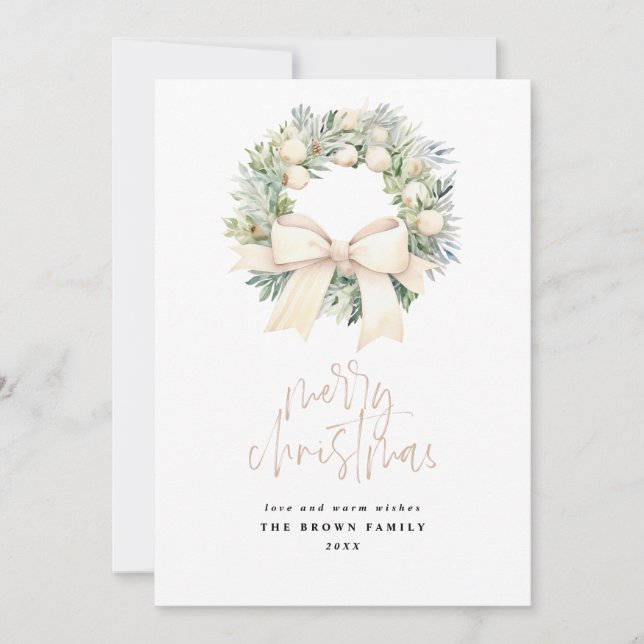 Ivory Christmas Wreath Christmas Watercolor  Holiday Card (Front)