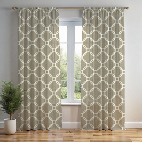 Ivory Circles Art Pattern On Light Taupe Brown Sheer Curtains