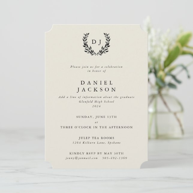 Ivory Classic Monogram Laurel Wreath Graduation Invitation (Standing Front)