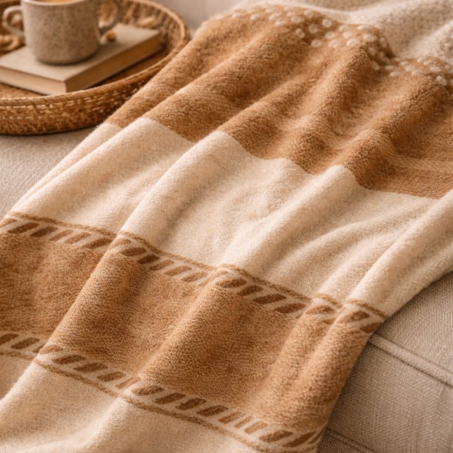 Ivory Clay Weave Fleece Blanket (Ivory and clay woven bands with stitched lines for layered sofas and calm hearth spaces)