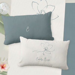 Ivory Coastal Blue Floral Line Art Minimalist Zen Lumbar Pillow