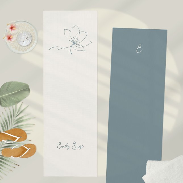 Ivory Coastal Blue Floral Line Art Minimalist Zen Yoga Mat (Minimalist Floral Line Art Zen Ivory Coastal Blue Yoga Mat ©Susanne Sachers - Sunny Wanderlust 🌞✈️)