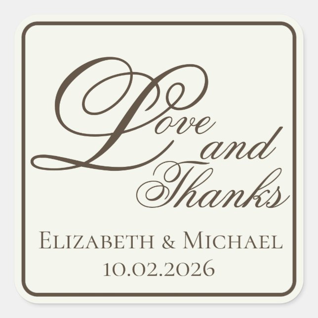 Ivory Coffee Modern "Love and Thanks" Square Sticker (Front)