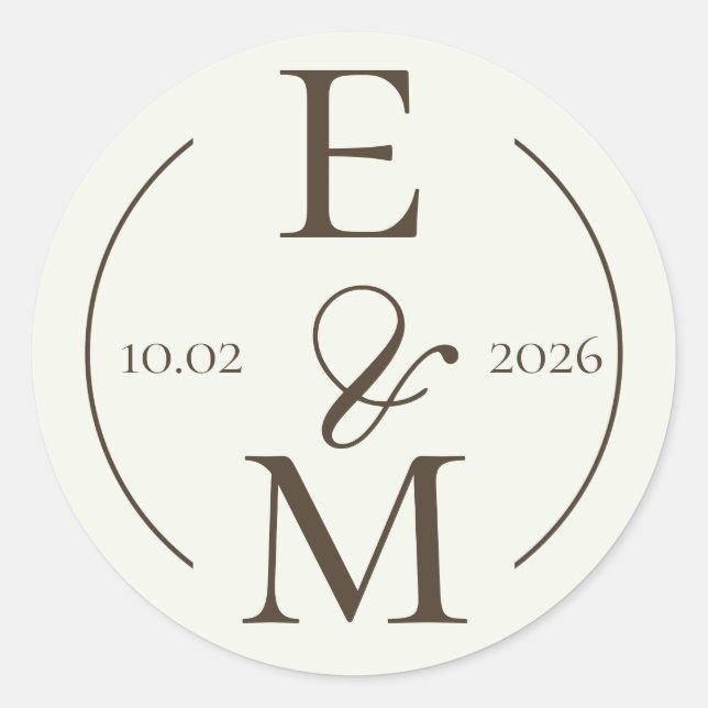 Ivory Coffee Monogram Date Wedding Classic Round Sticker (Front)
