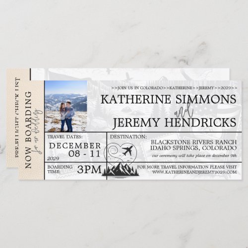 Ivory Colorado Wedding Boarding Pass Invitation