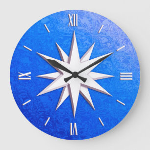 Ivory compass rose - sapphire glass background large clock