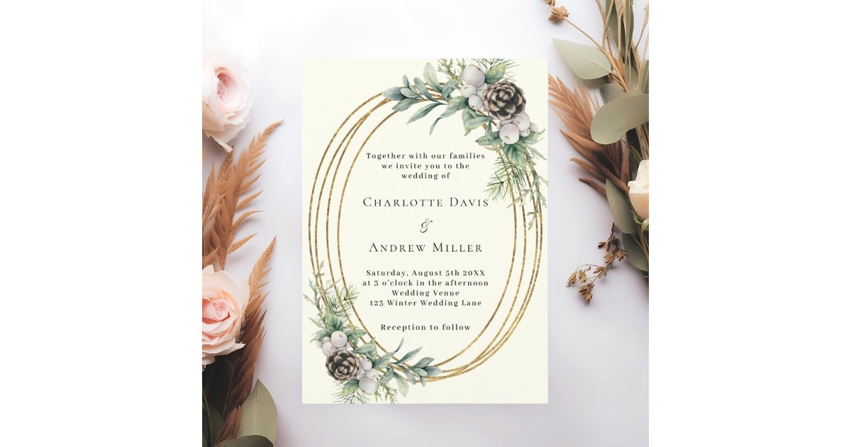 Ivory cone pine greenery gold frame wedding invitation | Zazzle