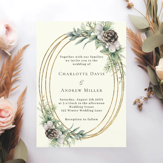 Ivory cone pine greenery gold frame wedding invitation | Zazzle