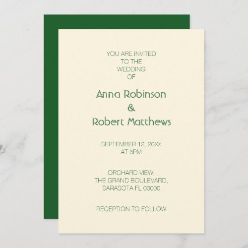 Ivory Cream Dark Green Wedding Invitation