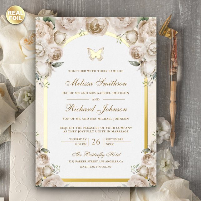 Ivory Cream Floral Arch Butterfly Wedding Gold Foil Invitation (Creator Uploaded)