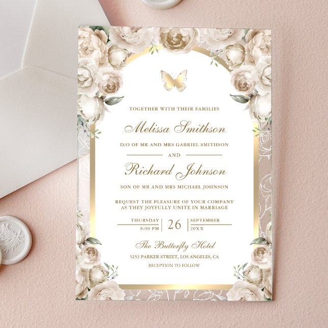 Ivory Cream Floral Gold Arch Butterfly Wedding Acrylic Invitations (Creator Uploaded)