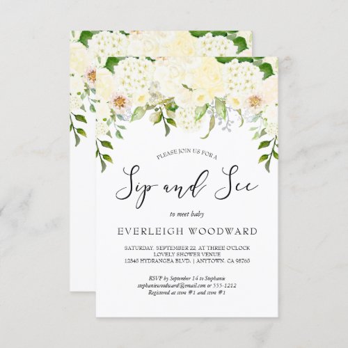 Ivory Cream Floral Greenery Sip and See Baby Invitation