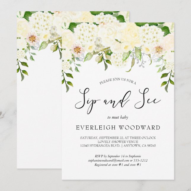 Ivory Cream Floral Greenery Sip and See Baby Invitation (Front/Back)