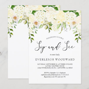 Ivory Cream Floral Greenery Sip and See Baby Invitation