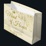 Ivory Cream & Gold Elegant Maid of Honor Wedding Large Gift Bag<br><div class="desc">This beautiful gift bag is designed as a wedding gift or favor bag for the Maid of Honor. It features a beautiful ivory or cream colored background with ornate golden faux foil curls and swirls in the corners. The gold script lettering reads "Maid of Honor" with a place to enter...</div>