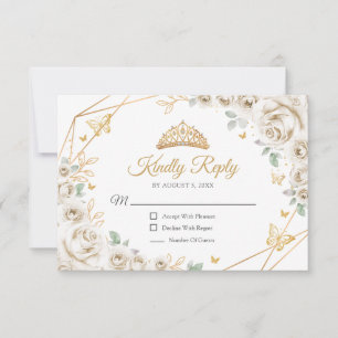 Ivory Cream Gold Floral Quinceanera Reply RSVP Card