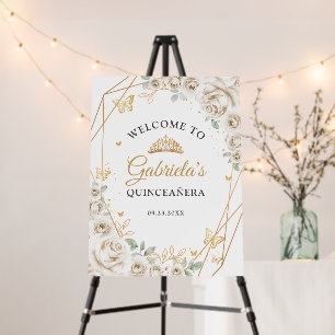Ivory Cream Gold Floral Quinceanera Welcome Foam Board
