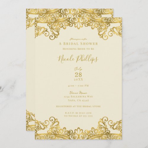 Ivory Cream  Gold Lace Elegant Bridal Shower   Invitation