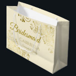 Ivory Cream & Gold Lace Elegant Bridesmaid Large Gift Bag<br><div class="desc">This beautiful gift bag is designed as a wedding gift or favor bag for Bridesmaids. It features an elegant ivory cream and gold design with golden lace frills in the corners the text "Bridesmaid" as well as a place to enter her name, the couple's name, and the wedding date. Fill...</div>