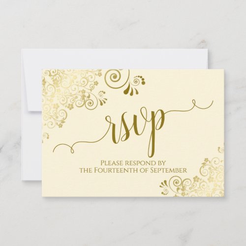 Ivory Cream Gold Lace Elegant Calligraphy Wedding RSVP Card