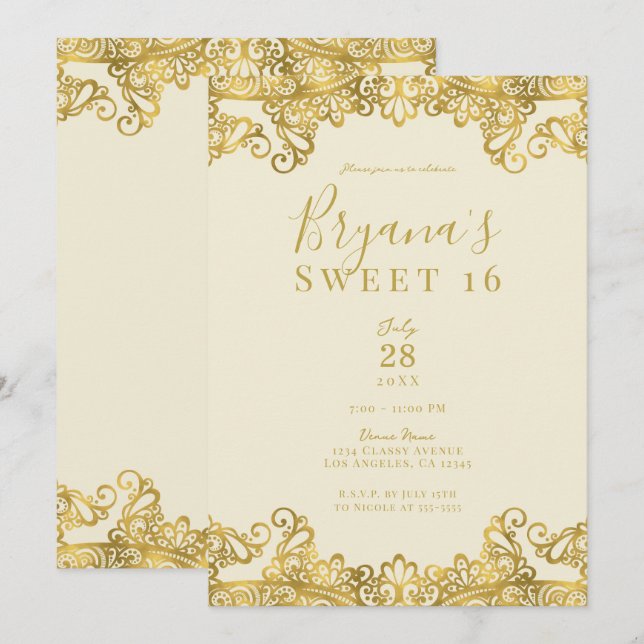 Ivory Cream & Gold Lace Elegant Sweet 16 Party  Invitation (Front/Back)