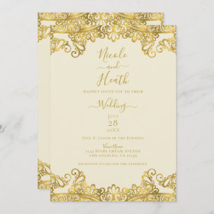 Ivory Cream & Gold Lace Elegant Wedding Invitation