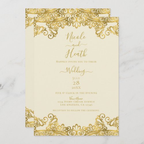Ivory Cream  Gold Lace Elegant Wedding   Invitation