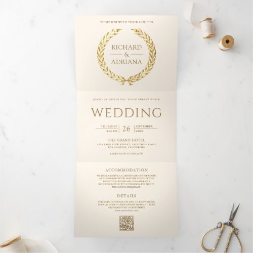 Ivory Cream Gold Laurel Minimal QR Code Wedding Tri-Fold Invitation