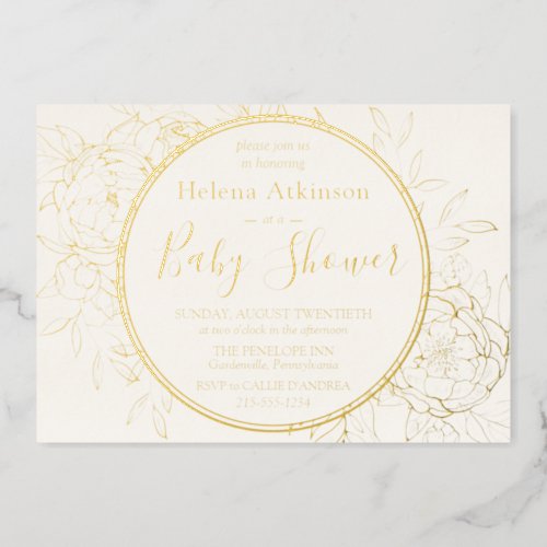 Ivory Cream  Gold Modern Peony Toile Baby Shower Foil Invitation