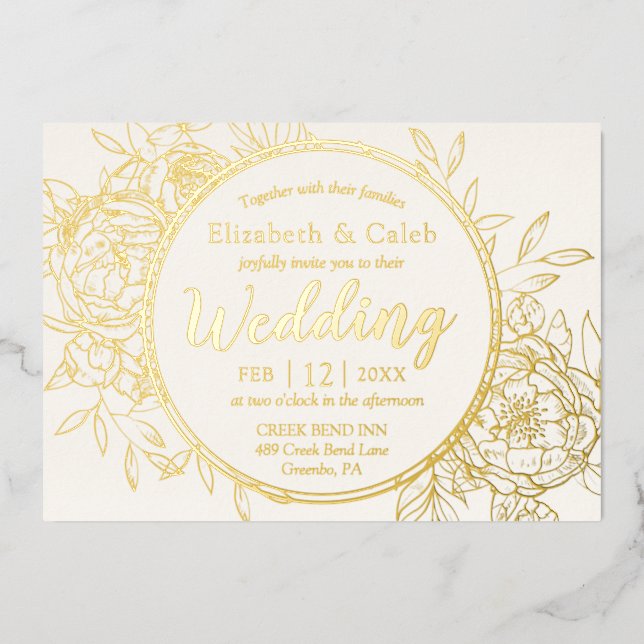 Ivory Cream & Gold Peony Modern Toile Wedding Foil Invitation (Front)