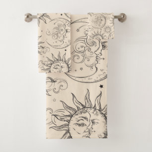Ivory Cream Magic Vintage Celestial Sun Moon Stars Bath Towel Set