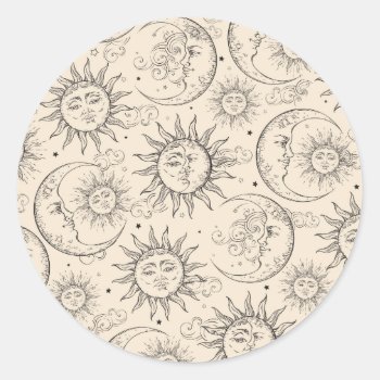 Ivory Cream Magic Vintage Celestial Sun Moon Stars Classic Round Sticker by printabledigidesigns at Zazzle